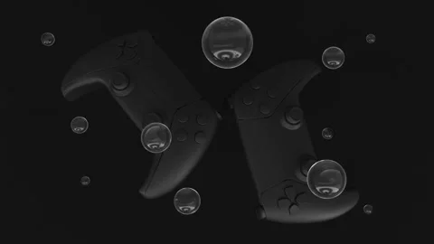 Black standard videogame controllers on black background with pattern dots an Stock Footage 150981905