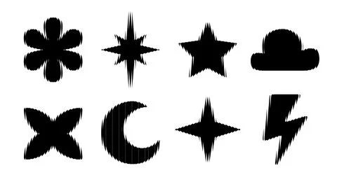 Black star, crescent, flower, cloud, flash lightning shapes with ribbed glass Stock Illustration