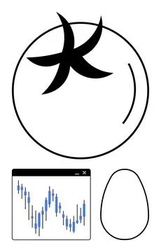 Black star-thumbs up shape inside a circle, a jagged stock chart in a small w Ilustración de archivo