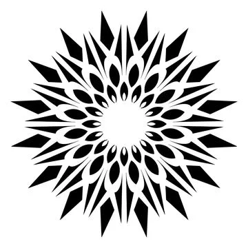 Black starburst or sunburst with sharp pointed rays and layered petal-like Illustrazione stock