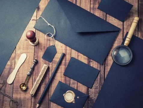 Black stationery elements Set of blank black stationery elements on vintag... 스톡 사진