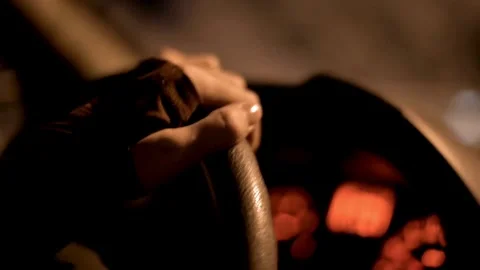 Black steering wheel inside car, drive in night city street. hands on steering Stock-Footage 336265714