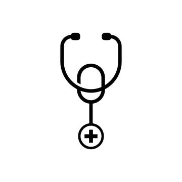 Black stethoscope icon with a plus sign inside a circle, symbolizing health.. Stock Illustration