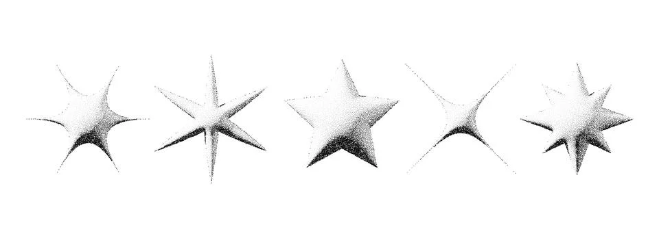 Black stippled star set. 3d dotted textured flares and sparkles collection Stock-Illustration