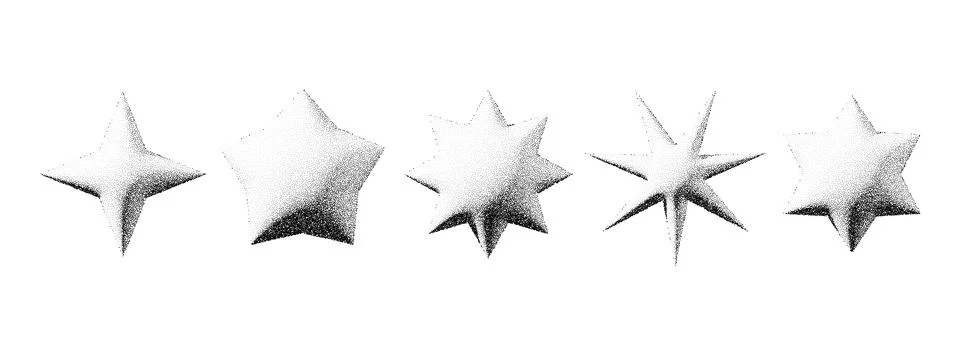 Black stippled star set. 3d dotted textured flares and sparkles collection Stock-Illustration