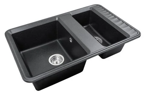 Black stone kitchen sink two bowls isolated Stock Photos