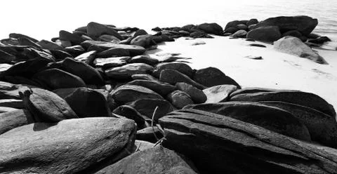 Black stone lay down on the beach Stock Photos