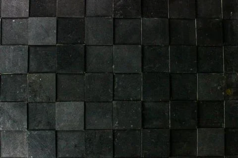 Black Stone Wall Texture with Square Tile Pattern, Modern Dark Slate Grid B.. Stock Photos