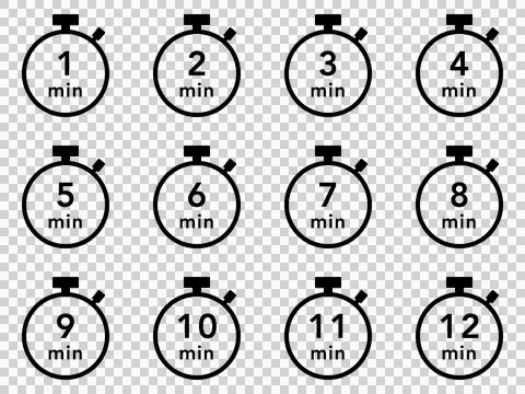 Black stopwatch icon set (1 minute - 12 minutes) Illustrazione stock