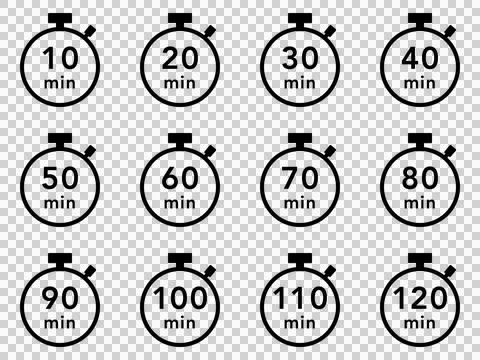 Black stopwatch icon set (10 minute interval) Stock Illustration