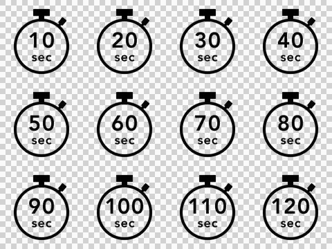 Black stopwatch icon set (10-120 sec, 10 seconds interval) Stock Illustration