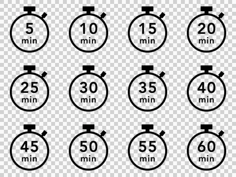 Black stopwatch icon set (5 minute interval) Stock Illustration