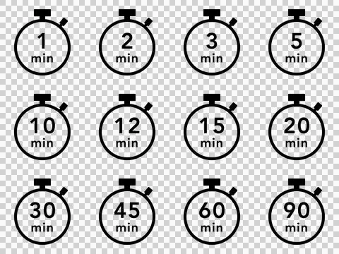 Black stopwatch icon set (minute) Stock Illustration