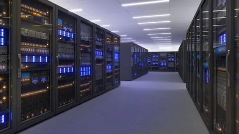 Black storage and processing unit, large AI processing server room, data ce.. Stock Illustration