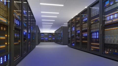 Black storage and processing unit, large AI processing server room, data ce.. Stock Photos