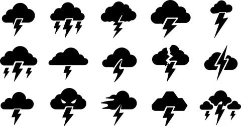Black storm cloud icons showing lightning strikes and weather phenomena for.. Stock Illustration