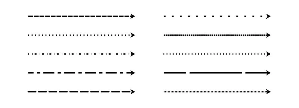 Black straight thin dashed arrow set. Long dotted arrows collection. Doodle Illustrazione stock