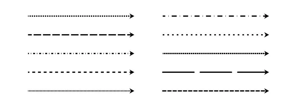Black straight thin dashed arrow set. Long dotted arrows collection. Outline Stock Illustration