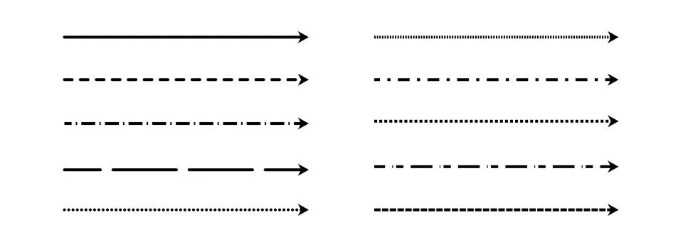 Black straight thin dashed arrow set. Long dotted arrows collection. Linear Stock Illustration