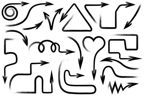 Black strokes of arrows.Arrows of different shapes, heart, zigzag, round. Stock Illustration