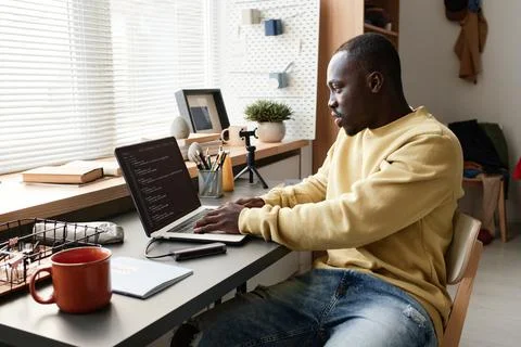 Black student coding java script Stock Photos