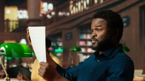 Black student rehearsing lines from the script for drama school course Stock Photos