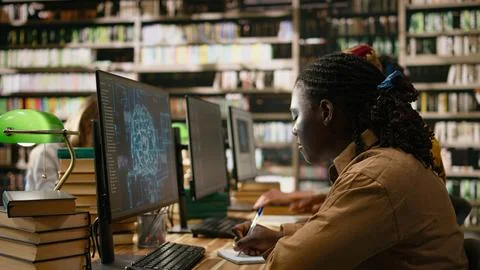 Black student working with AI brain display on desktop computer in library 写真素材