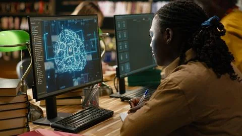 Black student working with AI brain display on desktop computer in library 스톡 사진
