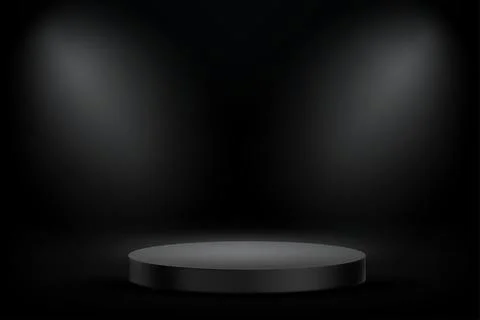 Black studio with projectors and podium. 3d vector mockup Иллюстрация