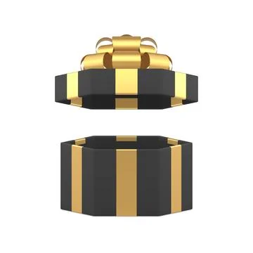 Black stylish luxury wrapped open gift box with golden bow ribbon 3d icon rea Stock Illustration