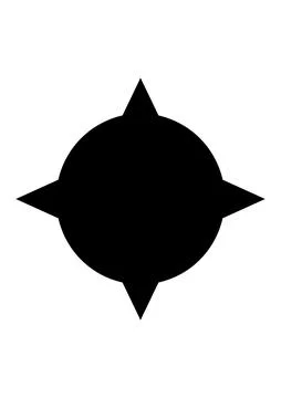 Black stylized compass rose or starburst symbol on a stark white background Illustrazione stock