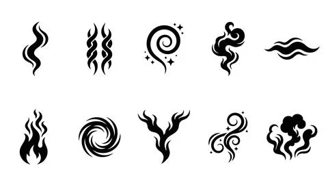 Black stylized smoke and fire elements vector icon set represents ethereal .. 스톡 일러스트