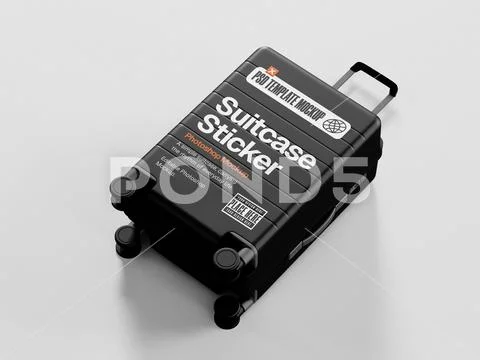Black Suitcase Sticker Mockup in Angled Top-Down View on Gray Background PSD Template