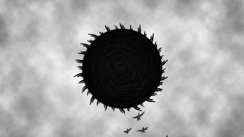 Black sun rotates attracts crows animation Stock Footage 122454794
