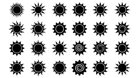 Black sun shape icon collection variety minimalist celestial graphic symbol Stock Illustration