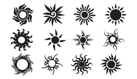 Black sun symbols set vector illustration featuring tribal shapes and abstract 스톡 일러스트