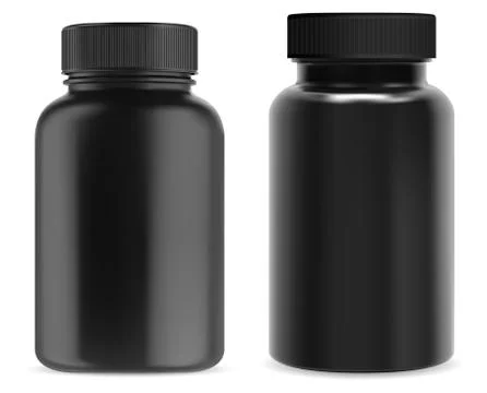 Black supplement bottle. Plastic pill jar mockup Stock Illustration