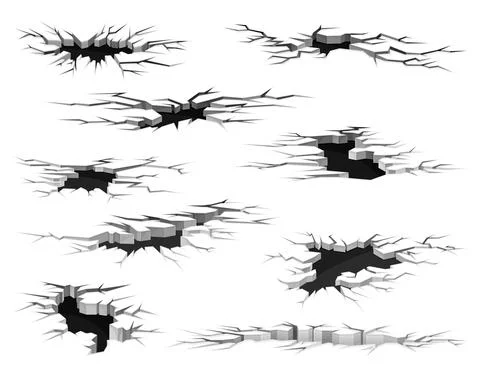 Black surface crack with holes set. Destruction effects, crevices from disaster Stock Illustration
