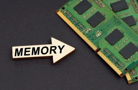 On the black surface lies RAM and an arrow with the inscription - Memory Stock Photos