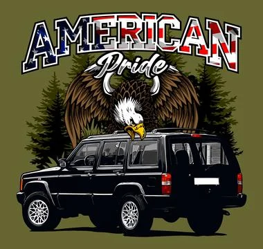 Black suv and eagle with a tree background Stock Illustration