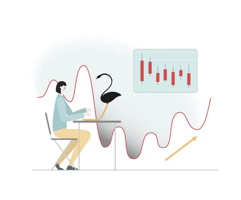 Black swan flew. Started economic decline. Market stocks fell. Girl with lapton Stock Illustration