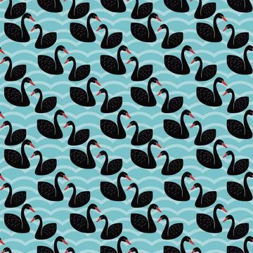 Black swan seamless pattern design on blue background with waves Stock Illustration