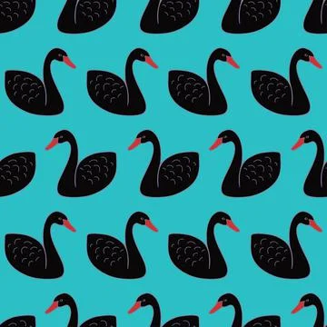 Black swan seamless pattern on green background Stock Illustration