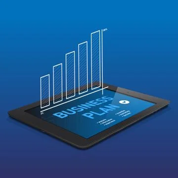 Black tablet with abstract BUSINESS PLAN graphics on display Stock Illustration