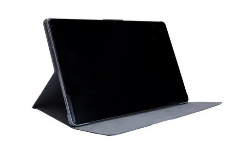 Black tablet in a black folio case isolated on white background Stock Photos