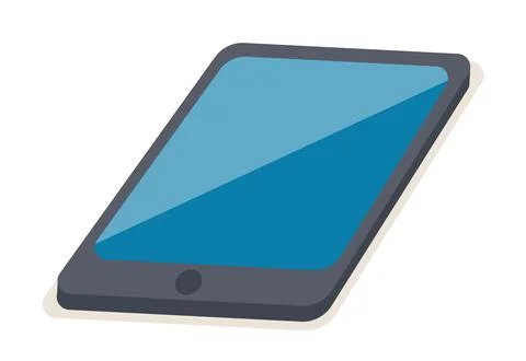 Black tablet with blue reflection on the screen. Technical invention with button Stock Illustration