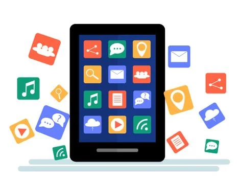 Black tablet with cloud of application icons and Apps icons flying around the Illustrazione stock