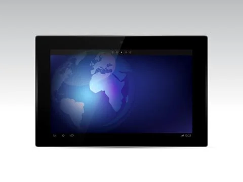 Black tablet with earth globe on the screen isolated on white background Stock Illustration