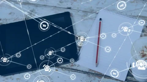Black tablet emitting tech network, icon initiating visualizing data overlaying Video stock 331614254