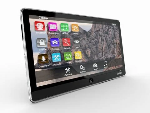Black tablet pc on white background. 3d Ilustración de archivo